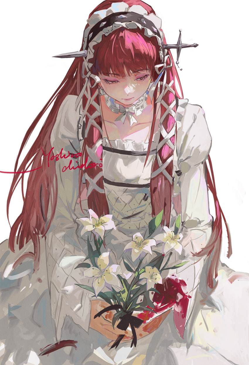 1girl, blunt_bangs, closed_mouth, collar, collarbone, cowboy_shot, detached_collar, dress