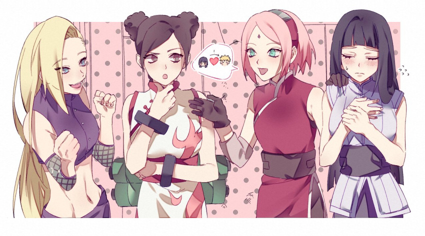 4girls, asymmetrical_hair, bangle, bare_arms, bare_shoulders, black_gloves, black_hair, black_shorts