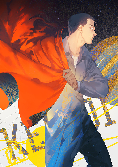 1boy, artist_name, black_eyes, black_hair, blue_jumpsuit, blue_sleeves, closed_mouth, coat