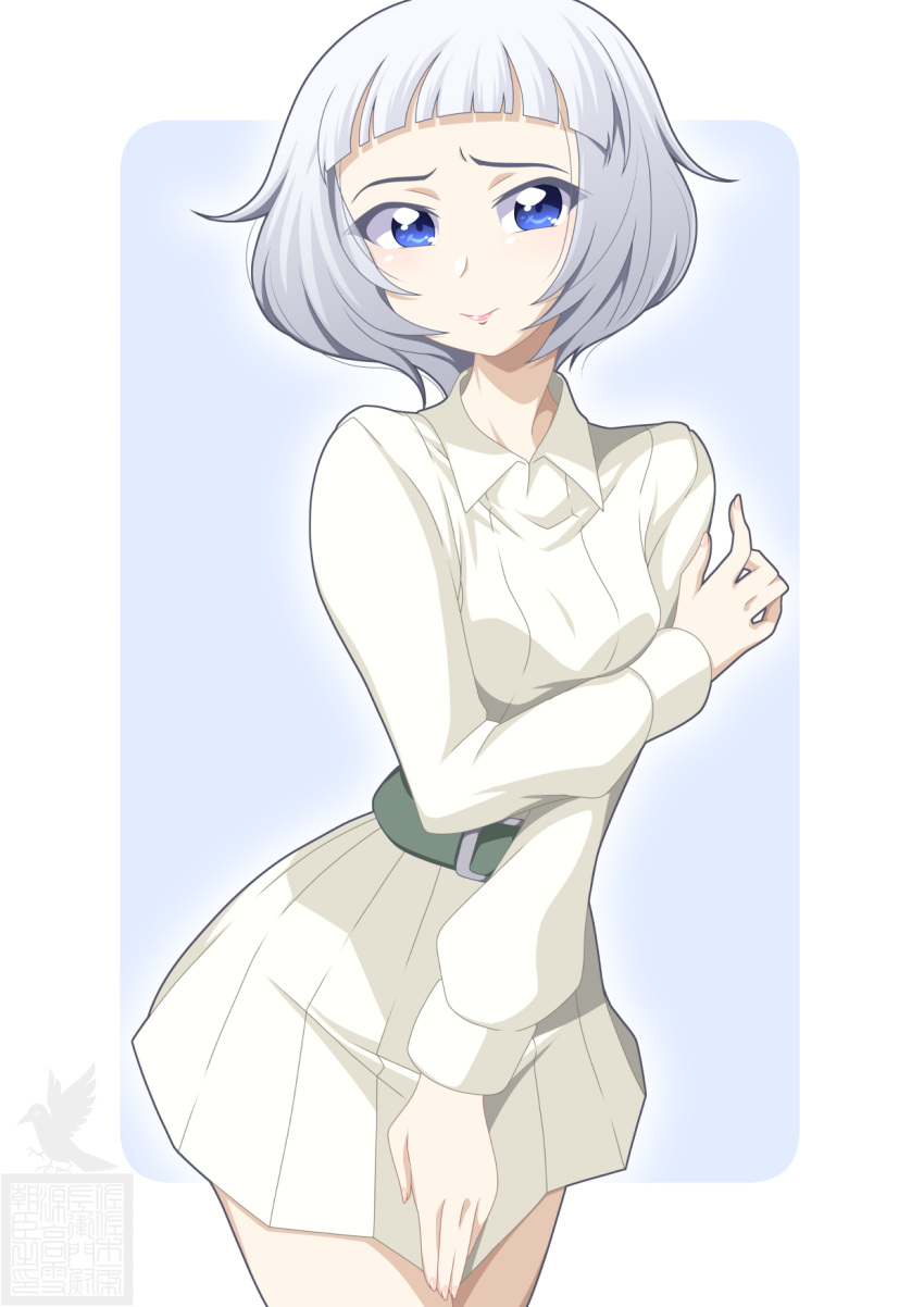 1girl, arms_under_breasts, artist_logo, belt, blue_background, blue_eyes, blunt_bangs, bob_cut, border, dress, girls_und_panzer, grey_hair, highres, ichijou_takakiyo, lipstick, makeup, short_hair, simple_background, skirt, skirt_tug, solo, sophia_(girls_und_panzer), white_border, white_dress