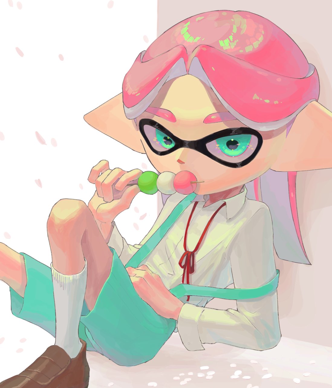 1girl, blue_eyes, blue_shorts, brown_footwear, collared_shirt, dango, falling_petals, food