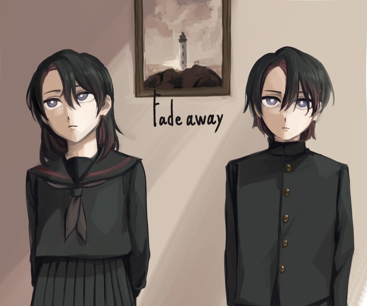 1boy, 1girl, akatsuki_records, black_eyes, black_hair, black_jacket, black_neckerchief, black_sailor_collar, black_serafuku, black_shirt, black_skirt, bright_pupils, closed_mouth, commentary_request, expressionless, gakuran, hair_between_eyes, jacket, long_bangs, long_hair, looking_afar, looking_at_viewer, looking_to_the_side, neckerchief, painting_(object), parted_bangs, sailor_collar, school_uniform, serafuku, shirt, short_hair, skirt, skirt_set, takayo11358795, upper_body, white_pupils