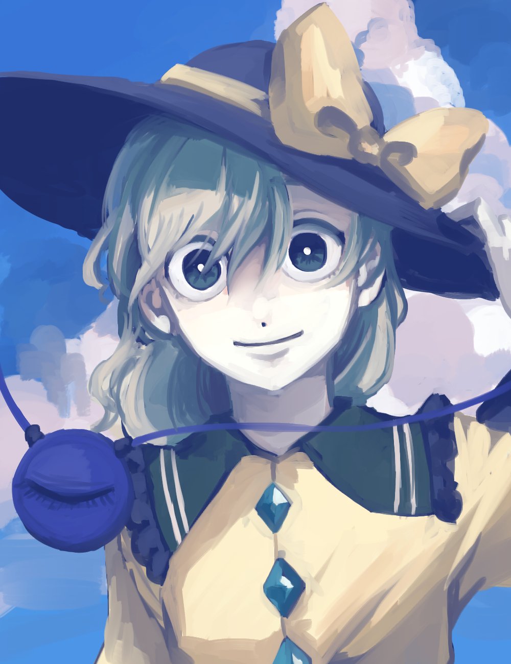 1girl, black_eyes, black_hat, blue_sky, bow, bright_pupils, buttons, clouds