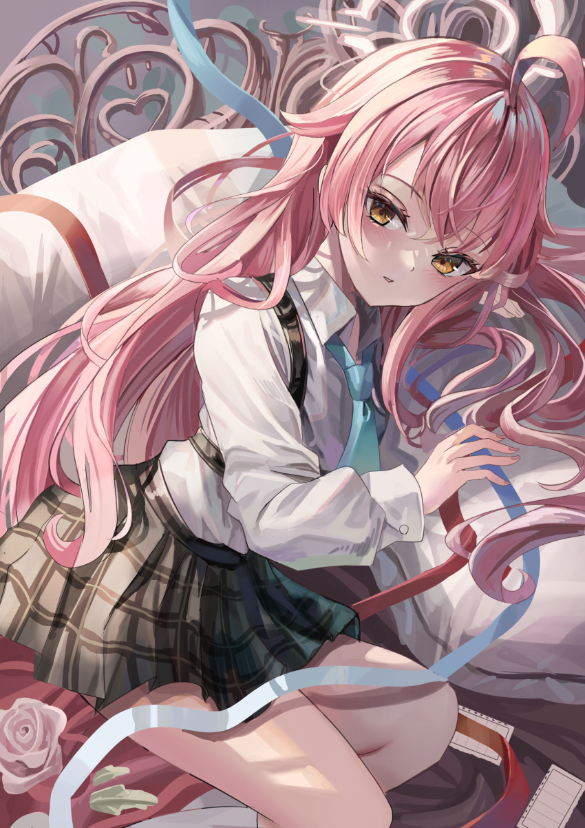 1girl, ahoge, aqua_necktie, black_skirt, blue_archive, blue_ribbon, blush, collared_shirt