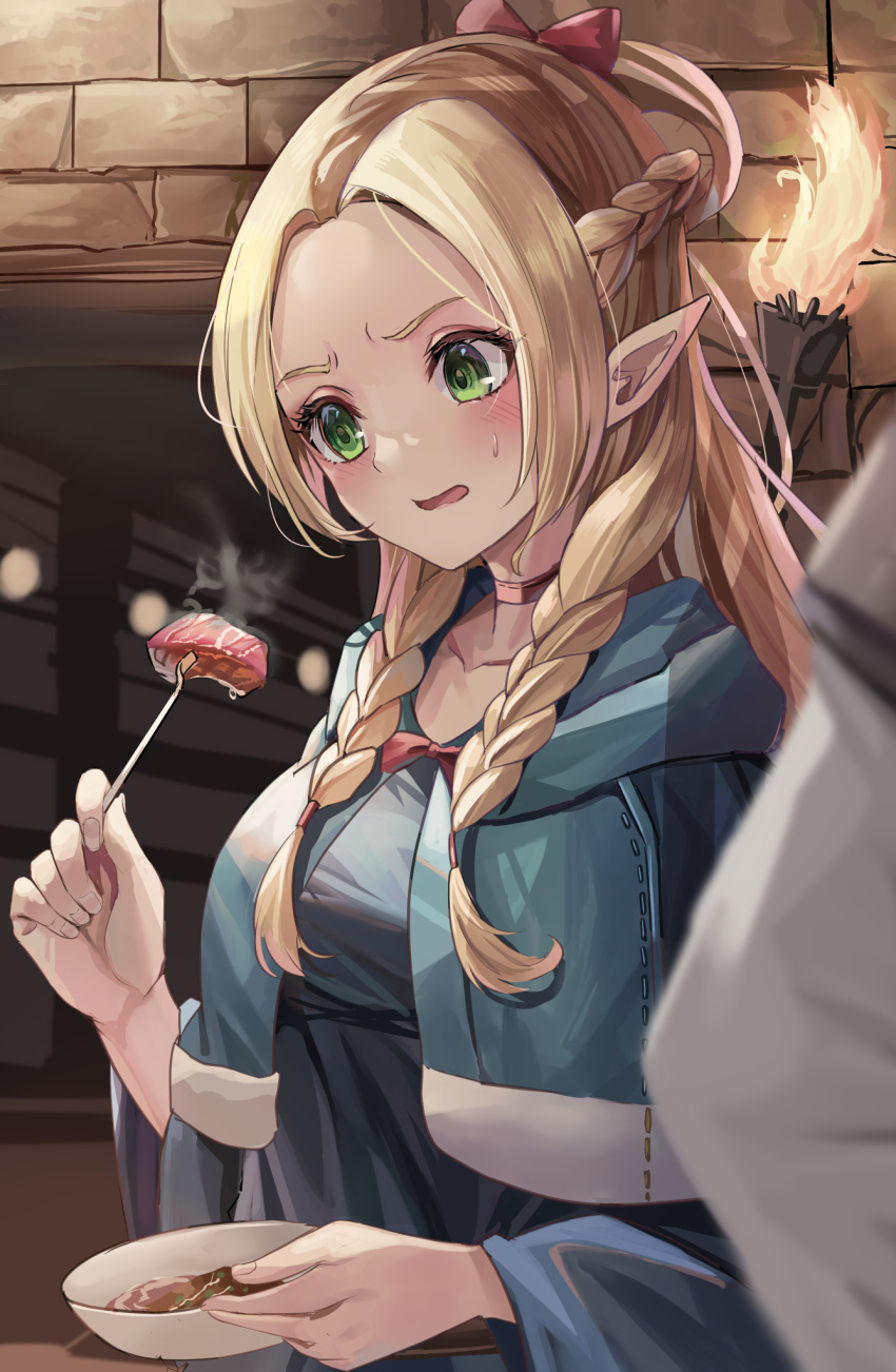 1girl, black_choker, blonde_hair, blue_capelet, blue_dress, blurry, blush, bow
