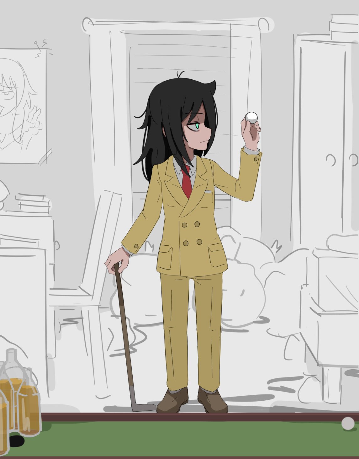 1girl, andrew_ryan_(bioshock), andrew_ryan_(bioshock)_(cosplay), bags_under_eyes, ball, bioshock_(series), bioshock_1, black_hair