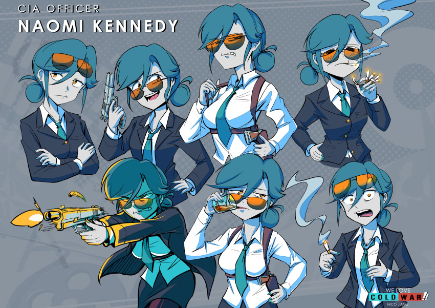 1girl, absurdres, black_jacket, black_skirt, blue_hair, blue_necktie, english_text, firing