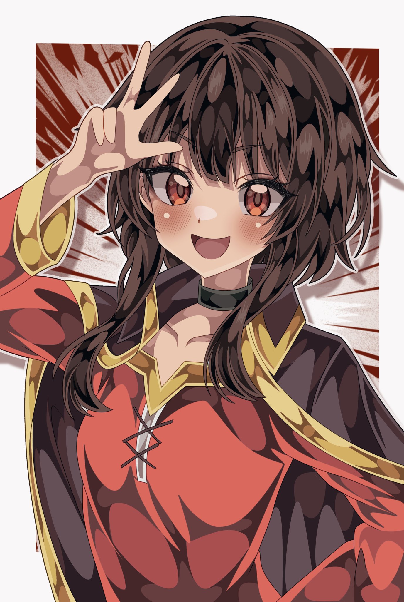 1girl, :d, black_cape, blush, border, breasts, brown_hair, cape, collarbone, commentary, dress, hand_on_own_hip, hand_up, highres, kono_subarashii_sekai_ni_shukufuku_wo!, long_sleeves, looking_at_viewer, megumin, open_mouth, outline, outside_border, red_background, red_dress, red_eyes, shiki_(kisikisi1007), short_hair, short_hair_with_long_locks, sidelocks, small_breasts, smile, solo, sunburst, sunburst_background, upper_body, w_over_face, white_background, white_border, white_outline