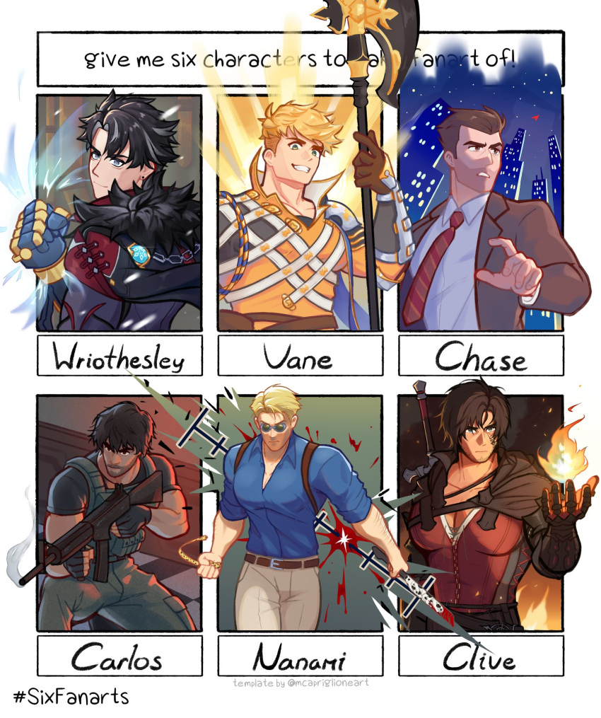 6+boys, belt, black_gloves, black_hair, blonde_hair, blue_shirt, brown_belt, brown_pants, carlos_oliveira, carmen_sandiego_(series), chase_devineaux, clive_rosfield, english_text, facial_hair, facial_mark, final_fantasy, final_fantasy_xvi, fire, genshin_impact, gloves, goggles, gun, highres, holding, holding_gun, holding_weapon, jon_(jonigiri), jujutsu_kaisen, magic, male_focus, multiple_boys, multiple_drawing_challenge, muscular, muscular_male, nanami_kento, pants, red_shirt, resident_evil, resident_evil_3:_nemesis, resident_evil_3_(remake), shirt, short_hair, six_fanarts_challenge, vane_(granblue_fantasy), weapon, wriothesley_(genshin_impact)