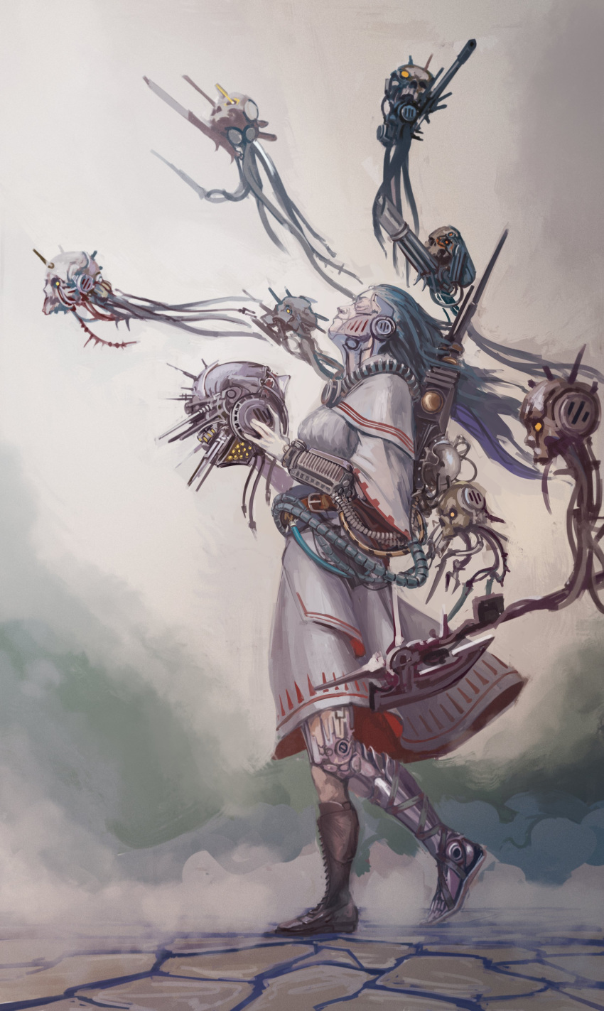1girl, absurdres, adeptus_mechanicus, cable, closed_eyes, closed_mouth, crack, cracked_floor