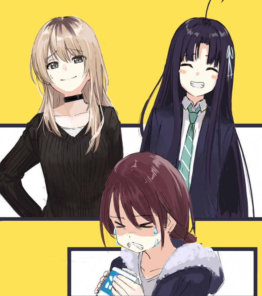 >_<, 3girls, ^_^, ahoge, aqua_necktie, awa_subaru, biting_own_lip, black_choker, black_hair, black_sweater, blue_jacket, brown_hair, choker, clenched_teeth, closed_eyes, closed_mouth, collarbone, collared_shirt, commentary, crying, dededecopon, diagonal-striped_clothes, diagonal-striped_necktie, fur-trimmed_hood, fur_trim, girls_band_cry, grey_eyes, hair_ribbon, highres, hood, hood_down, hooded_jacket, iseri_nina, jacket, kawaragi_momoka, long_hair, looking_at_viewer, low_twintails, multicolored_hair, multiple_girls, necktie, ribbon, roots_(hair), shirt, short_hair, short_twintails, striped_clothes, sweatdrop, sweater, teeth, twintails, white_ribbon