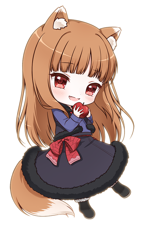 1girl, :d, animal_ear_fluff, animal_ears, apple, black_skirt, blue_shirt, blunt_bangs, blush, bow, bright_pupils, brown_hair, chibi, colored_eyelashes, commentary, fang, food, fruit, fur-trimmed_sleeves, fur_trim, gelulu, happy, holding, holding_food, holding_fruit, holo, long_hair, long_skirt, long_sleeves, looking_at_viewer, open_mouth, red_apple, red_bow, red_eyes, shirt, simple_background, skirt, smile, solo, spice_and_wolf, standing, straight_hair, tail, white_background, wolf_ears, wolf_girl, wolf_tail