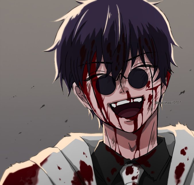 1boy, black_shirt, blood, closed_eyes, collared_shirt, facial_mark, glasses, mashle