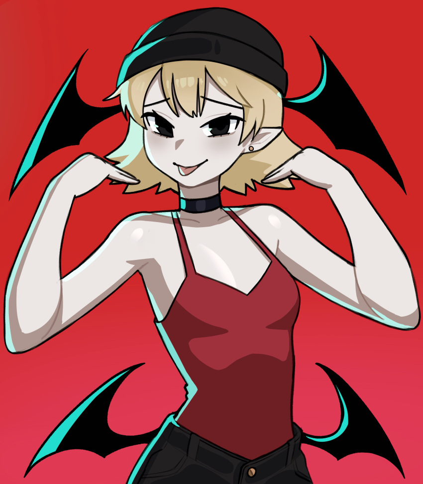 1girl, absurdres, bat_wings, beanie, black_beanie, black_choker, black_eyes, blonde_hair, breasts, choker, colored_skin, denim, hat, highres, jeans, justadrian_(yoadriandk), original, pants, pointy_ears, red_background, red_tank_top, scarlett_(justadrian), shirt, short_hair, small_breasts, smile, tank_top, tongue, tongue_out, vampire, wings
