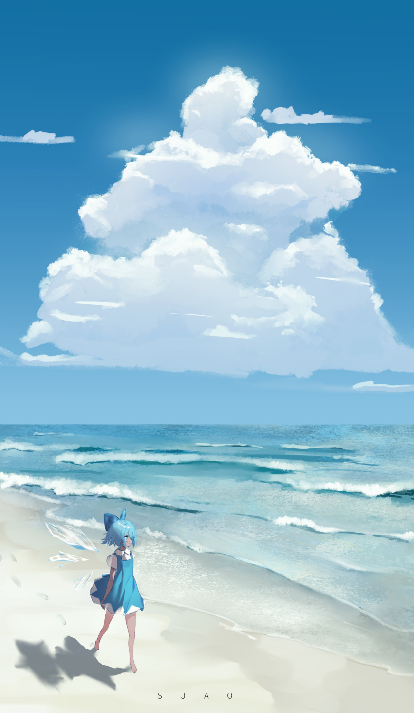 1girl, arm_at_side, artist_name, bare_legs, barefoot, beach, blue_bow, blue_dress, blue_eyes, blue_hair, blue_sky, bow, cirno, closed_mouth, clouds, collared_shirt, commentary, cumulonimbus_cloud, dark-skinned_female, dark_skin, day, dress, english_commentary, hair_bow, highres, ice, ice_wings, looking_afar, ocean, outdoors, profile, scenery, shaoviie, shirt, short_dress, short_hair, short_sleeves, sky, sleeveless, sleeveless_dress, solo, standing, summer, tan, tanned_cirno, touhou, waves, white_shirt, wide_shot, wings