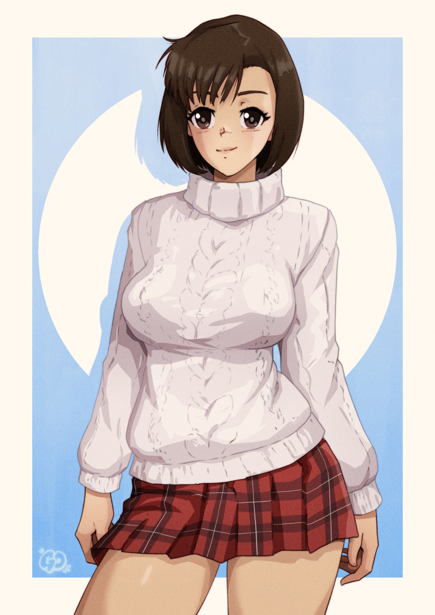 1girl, absurdres, artist_logo, asymmetrical_bangs, breasts, brown_eyes, brown_hair, colored_shadow