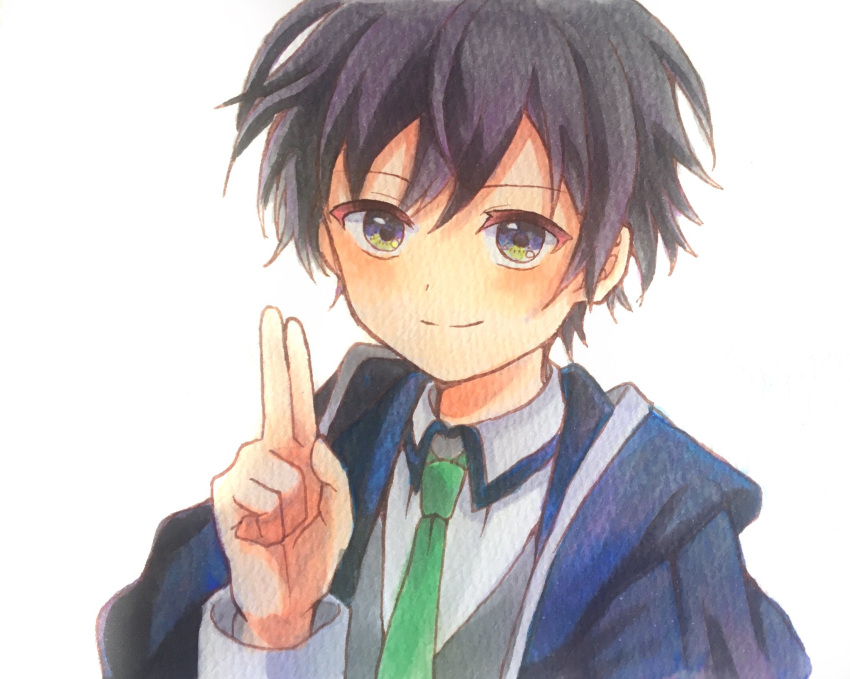 1boy, black_hair, blue_jacket, closed_mouth, cnio726, eyebrows_hidden_by_hair, green_eyes, green_necktie