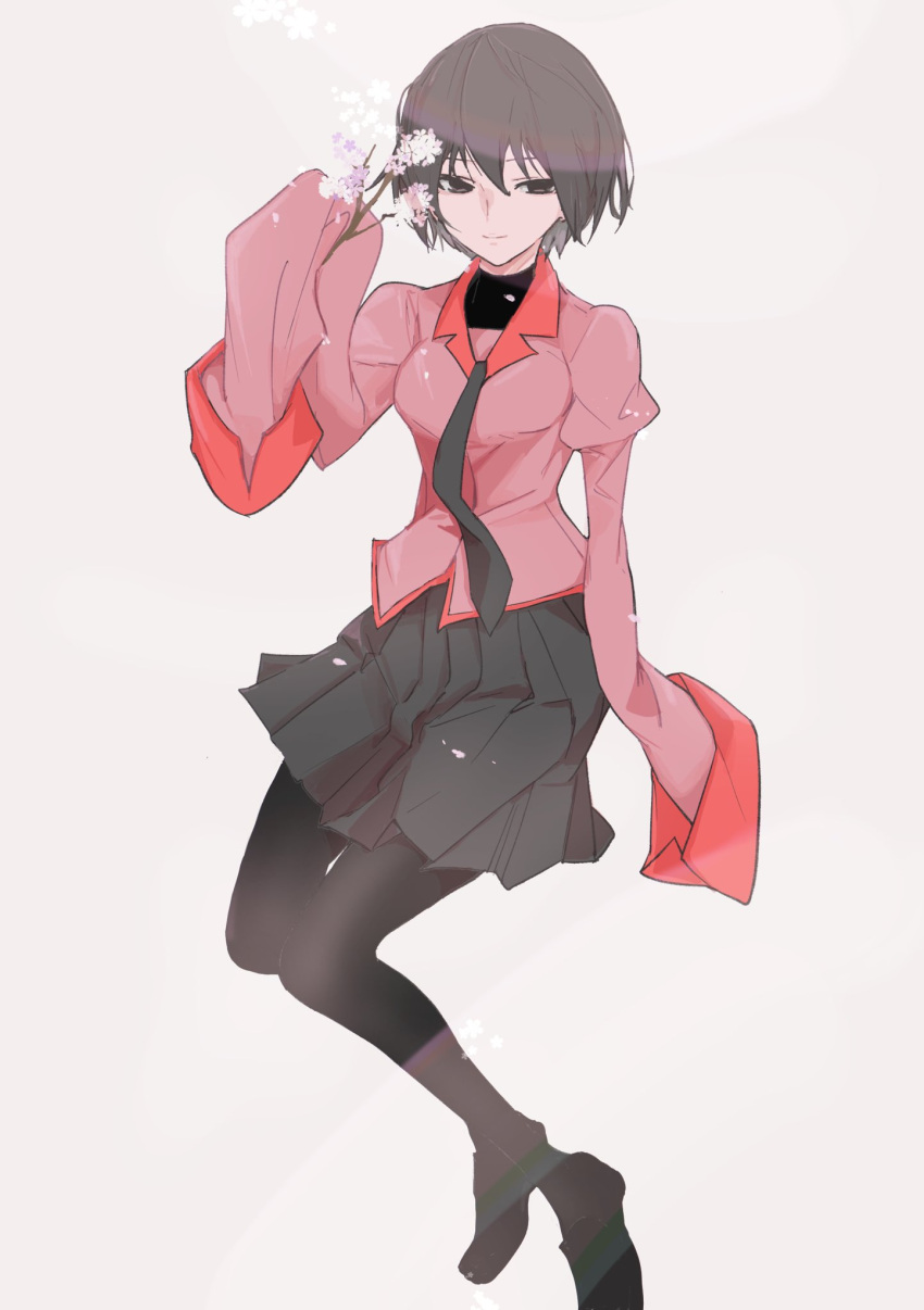 1girl, arm_at_side, black_eyes, black_footwear, black_hair, black_necktie, black_pantyhose, black_skirt, black_undershirt, bob_cut, branch, breasts, closed_mouth, commentary, empty_eyes, expressionless, falling_petals, flower, full_body, hair_between_eyes, hand_up, highres, holding, holding_branch, holding_flower, juliet_sleeves, loafers, long_sleeves, looking_at_viewer, loose_hair_strand, monogatari_(series), naoetsu_high_school_uniform, narrowed_eyes, necktie, oshino_ougi, pantyhose, petals, pink_flower, pink_petals, pink_shirt, pleated_skirt, puffy_sleeves, school_uniform, shirt, shoes, short_hair, simple_background, sitting, skirt, sleeves_past_fingers, sleeves_past_wrists, small_breasts, solo, turtleneck, usa003uni, very_long_sleeves, white_background