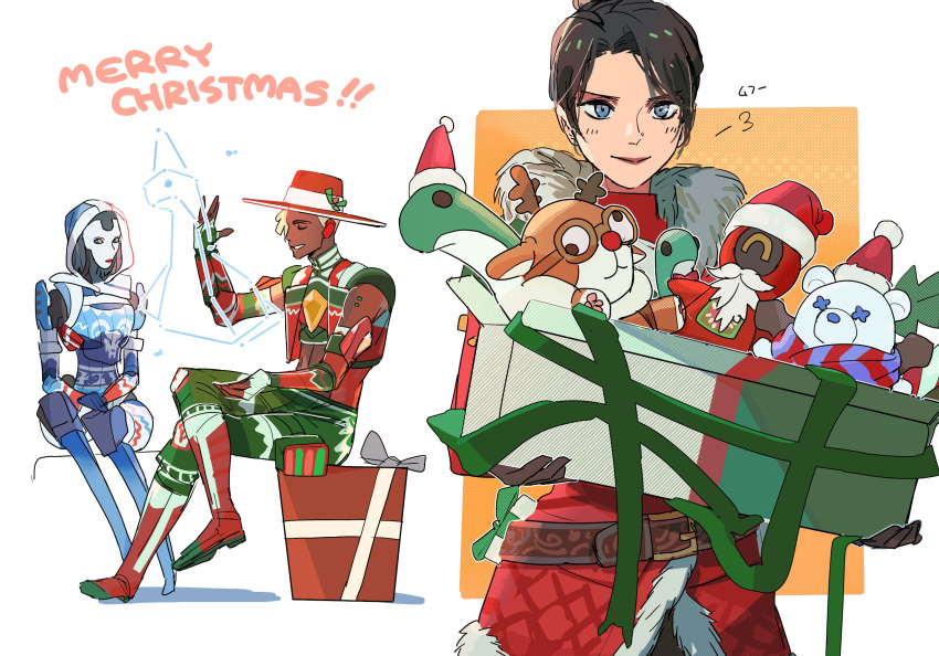 1boy, 2girls, android, animification, apex_legends, ash_(titanfall_2), black_hair, black_sclera, boots, box, brudda_bear_gibraltar, character_doll, christmas, colored_sclera, cropped_jacket, dark-skinned_male, dark_skin, dasher_octane, detached_sleeves, festive_presence_wraith, fingerless_gloves, fur-trimmed_jacket, fur_trim, gibraltar_(apex_legends), gift, gloves, green_gloves, green_pants, hat, highres, holding, holding_box, hood, hood_up, jacket, joyfinder_pathfinder, merry_christmas, multiple_girls, octane_(apex_legends), pants, pathfinder_(apex_legends), red_footwear, red_hat, red_jacket, santa_hat, seer_(apex_legends), simulacrum_(titanfall), sleeveless, sleeveless_jacket, smile, thundergotch, wraith_(apex_legends)
