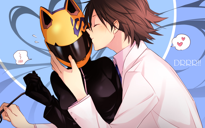 1boy, 1girl, black_hair, bodysuit, celty_sturluson, cheek_kiss, couple, durarara!!