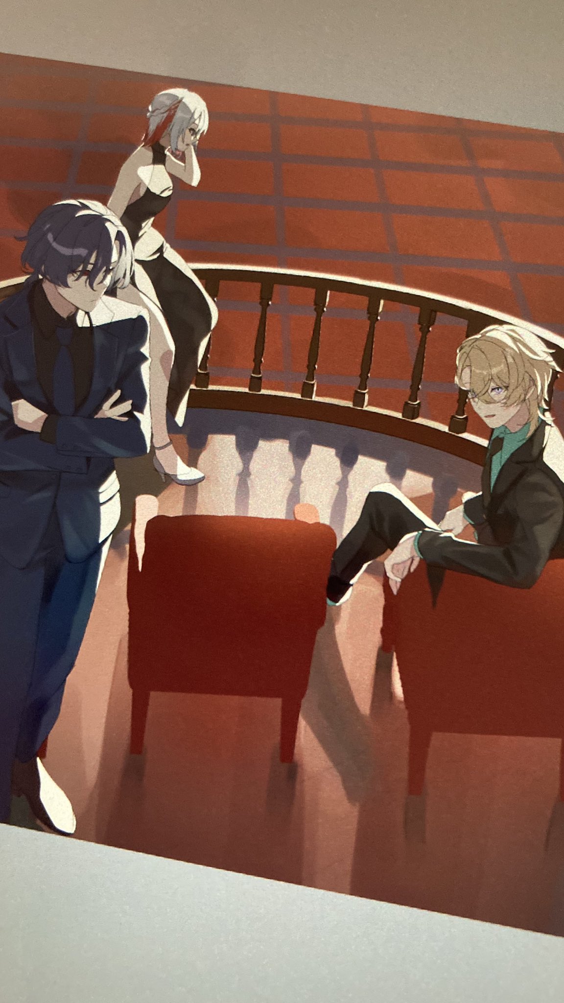 1girl, 2boys, aqua_shirt, aventurine_(honkai:_star_rail), black_dress, black_shirt, blonde_hair, collared_shirt