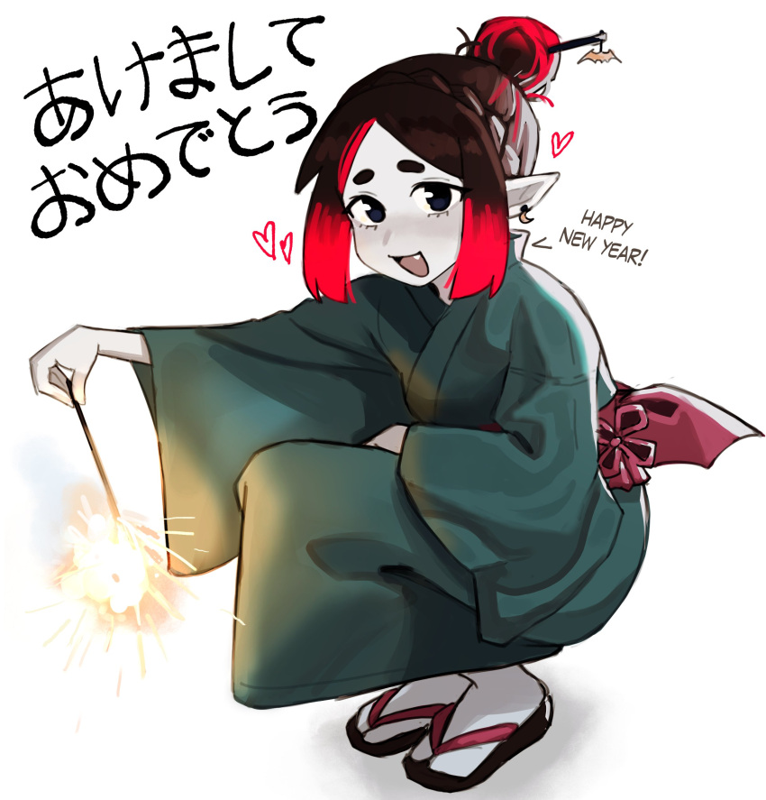 1girl, absurdres, black_eyes, black_hair, colored_skin, eleanor_(justadrian), english_text, fang