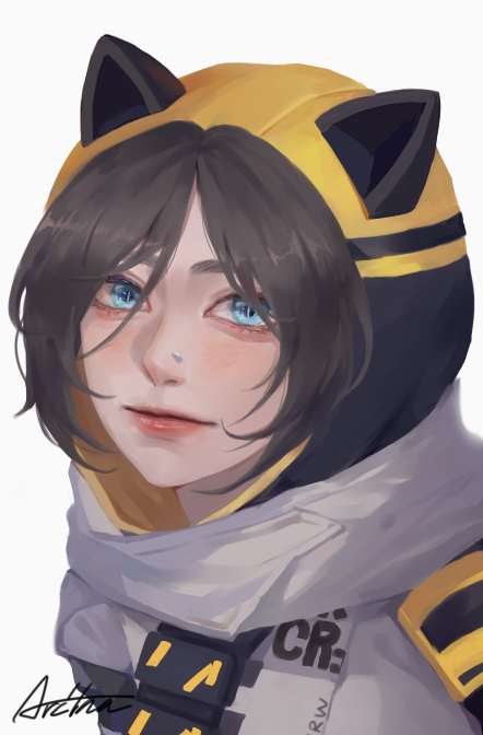 1girl, animal_hood, animification, apex_legends, arc4na, black_hair, blue_eyes, blush
