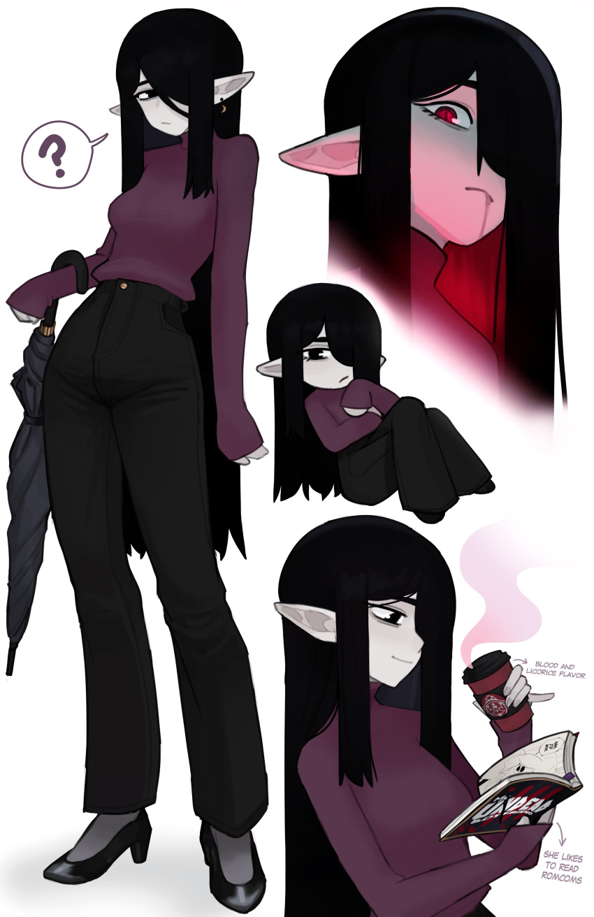 1girl, ?, absurdres, black_eyes, black_footwear, black_hair, black_pants, book