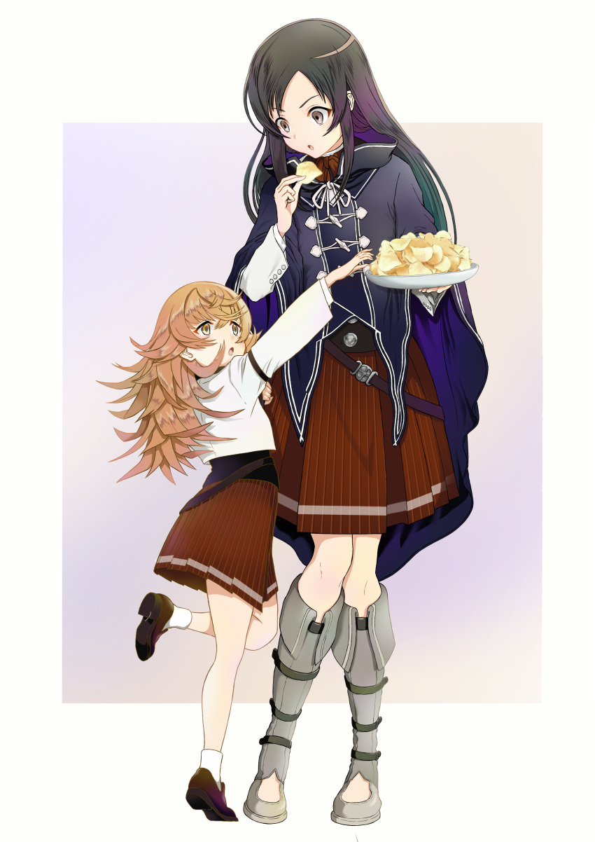 2girls, absurdres, belt, black_hair, blue_jacket, boots, brown_eyes, brown_footwear
