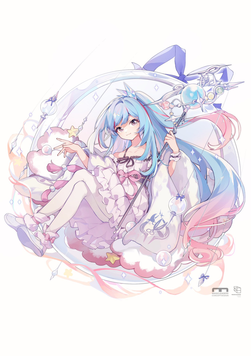 1girl, anklet, arin_(fanfan013), blue_hair, bow, bow_legwear, brown_eyes, brown_ribbon