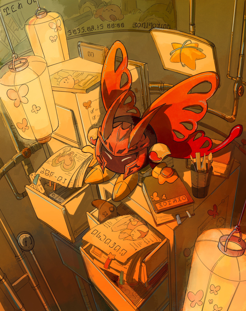 armor, bandana_waddle_dee, book, butterfly_wings, closed_eyes, controller, fecto_forgo, fecto_forgo_(larva), galacta_knight, game_controller, highres, insect_wings, kirby, kirby:_star_allies, kirby_(series), kirby_and_the_forgotten_land, morpho_knight, nintendo_switch, nintendo_switch_pro_controller, pauldrons, pop_star, ruler, shoulder_armor, trade-wind, valve, wii_remote, wings