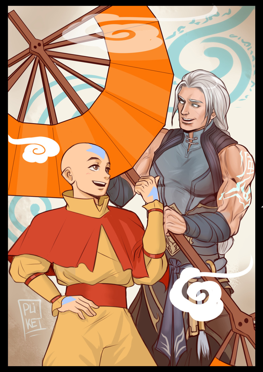 2boys, aang, absurdres, avatar:_the_last_airbender, avatar_legends, bald, black_border, border
