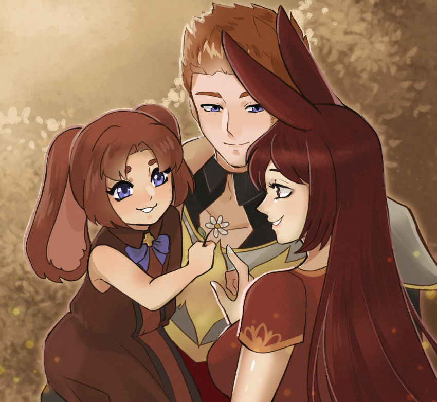 1boy, 2girls, absurdres, animal_ears, armor, blue_bow, blue_bowtie, blue_eyes