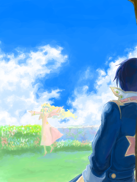 1girl, blue_hair, coat, couple, dress, flower, from_behind, happy