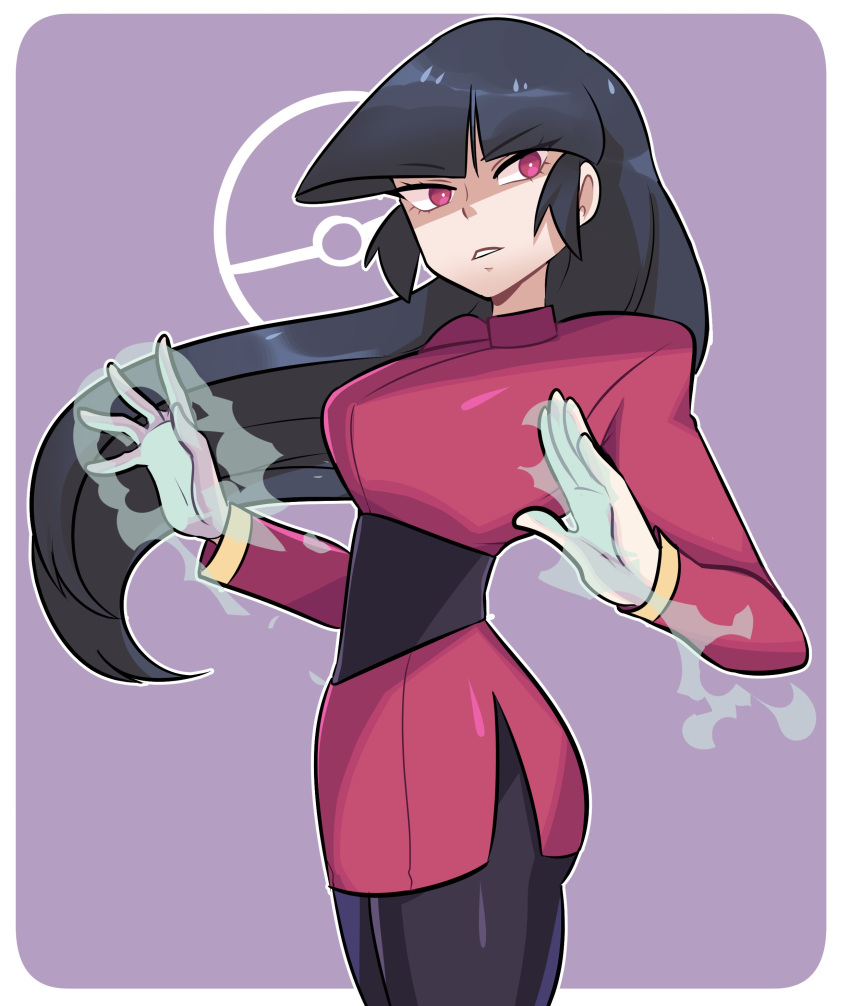 1girl, absurdres, ass, black_bodysuit, black_hair, blunt_bangs, bodysuit, bodysuit_under_clothes, breasts, crop_top, cropped_jacket, gloves, highres, hime_cut, jacket, long_hair, long_sleeves, medium_breasts, missandydandy, pantyhose, pencil_skirt, pokemon, pokemon_frlg, red_eyes, red_jacket, red_skirt, sabrina_(pokemon), shaded_face, side_slit, skirt, solo, turtleneck, turtleneck_jacket, white_gloves