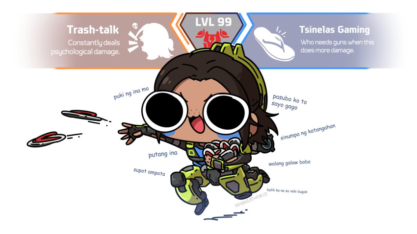 1girl, apex_legends, black_gloves, blue_shirt, brown_hair, cartoonized, chibi, conduit_(apex_legends), english_commentary, exoskeleton, fingerless_gloves, flip-flops, floating_hair, freckles, gloves, highres, miyan_(oceanmaiden), sandals, shirt, short_hair, smile, solo, tagalog_text, throwing, toon_(style), translation_request, v-shaped_eyebrows, white_background