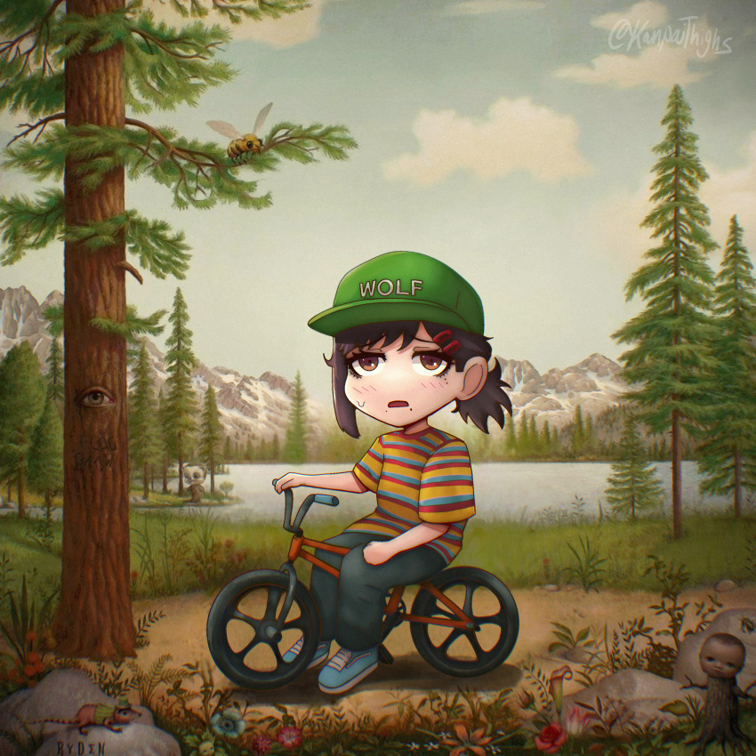 absurdres, album_cover, baseball_cap, bicycle, blue_footwear, brown_eyes, brown_hair, chainsaw_man