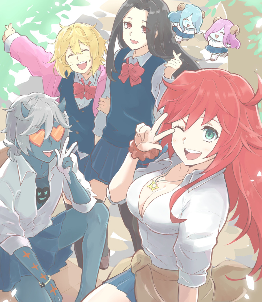 1boy, 1other, 4girls, :d, absurdres, black_hair, blonde_hair, blue_horns