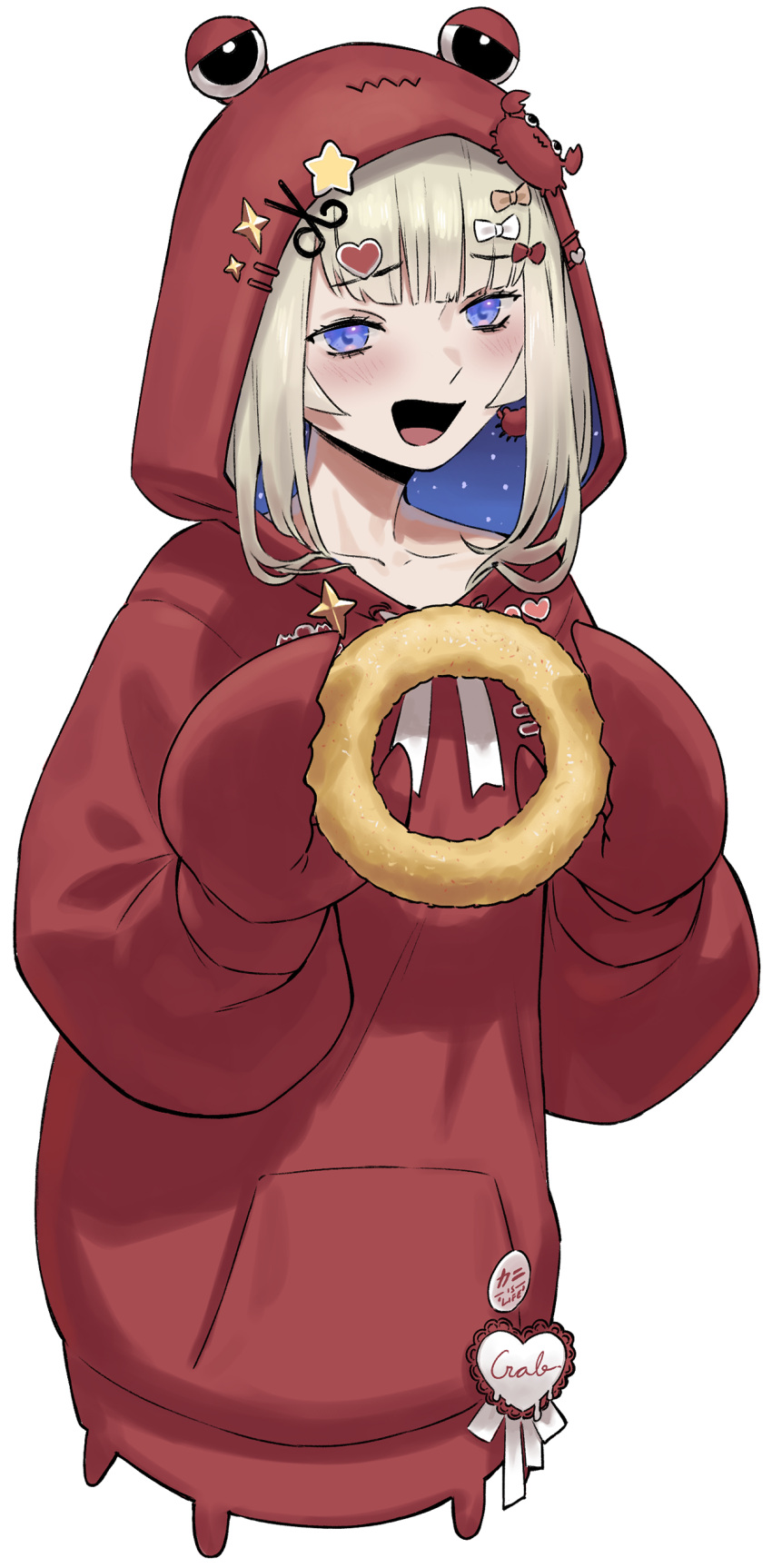 :d, absurdres, agemmata, amanogawa_shiina, amanogawa_shiina_(2nd_costume), animal_earrings, blonde_hair, blue_eyes, blue_hair, blunt_bangs, blush, bow, bowtie, colored_inner_hair, crab, crab_claw, crab_hair_ornament, crab_hood, double_exposure, food, fried_food, hair_ornament, heart, heart_hair_ornament, highres, holding, holding_food, hood, hoodie, looking_at_viewer, multicolored_hair, phase_connect, red_hoodie, self-upload, sidelocks, smile, two-tone_hair, virtual_youtuber, wavy_mouth, white_background