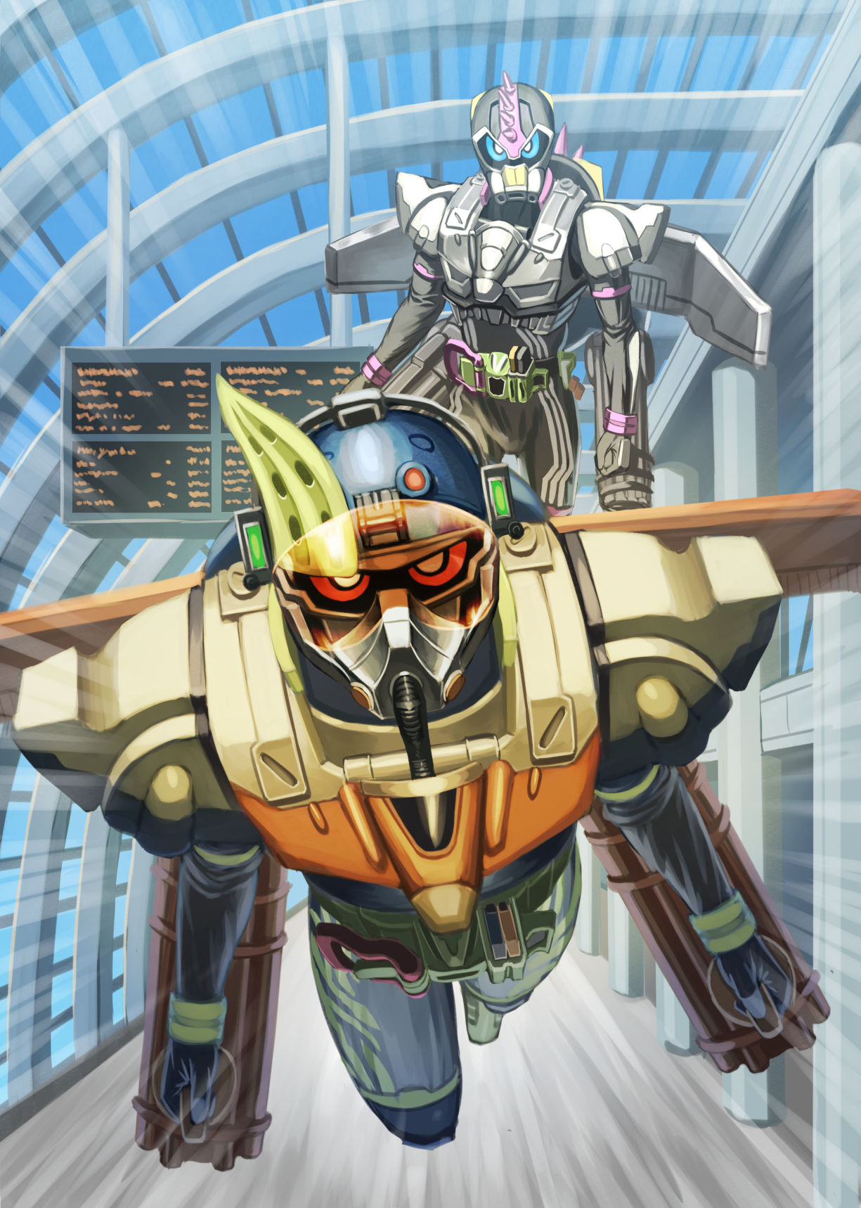2boys, armor, bang_bang_shooting_level_2, belt, blue_eyes, blue_sky, commentary_request, flying