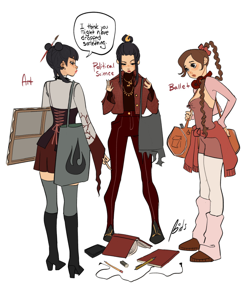 3girls, absurdres, alternate_costume, alternate_universe, avatar:_the_last_airbender, avatar_legends, azula, bag