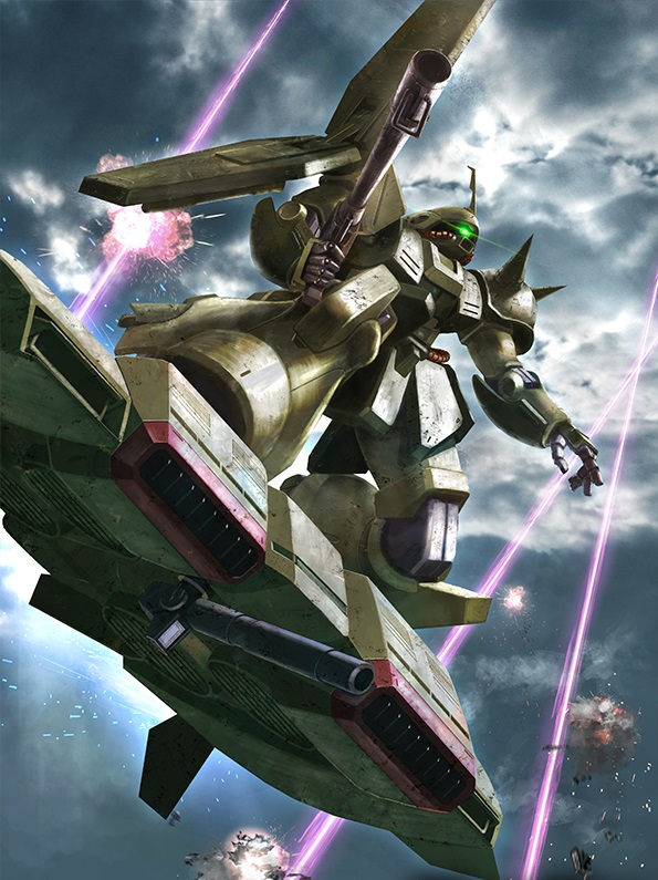 aircraft, battle, bazooka_(gundam), cannon, clouds, dutch_angle, earth_federation, energy_beam, explosion, flying, glowing, glowing_eye, green_eyes, gundam, gundam_zz, hield, kiha-1835200, machinery, marasai, mecha, mobile_suit, neo_zeon, no_humans, one-eyed, radio_antenna, realistic, riding, robot, science_fiction, shoulder_spikes, spikes, zeta_gundam