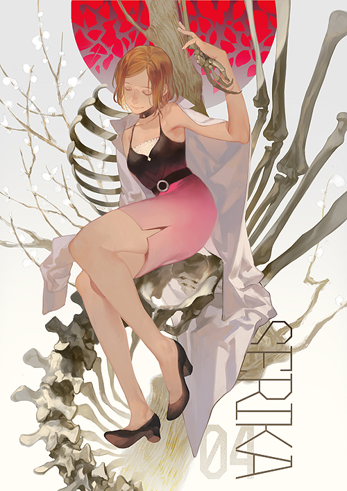 1girl, arm_up, bare_legs, bare_tree, belt, black_belt, black_choker, black_footwear