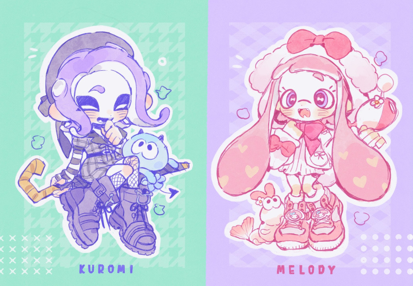 2girls, animal_ear_headwear, animal_ears, belt, belt_buckle, beret, black_arm_warmers, black_belt