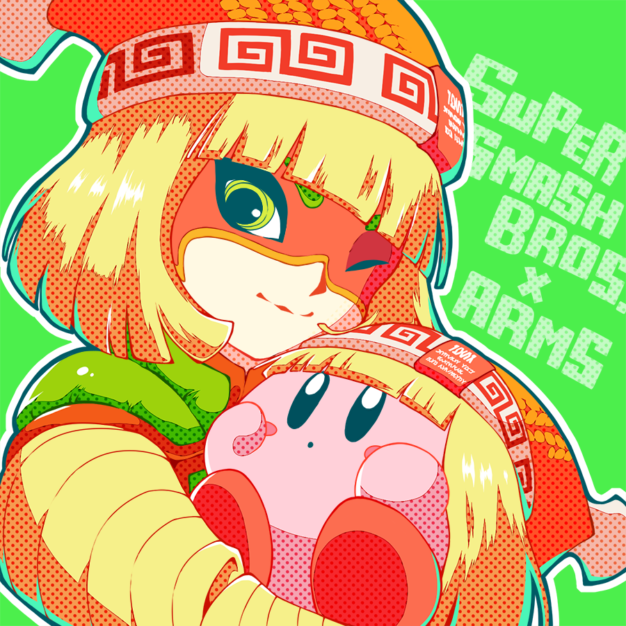 arms_(game), blonde_hair, blush_stickers, colored_skin, copy_ability, cosplay, domino_mask, green_background