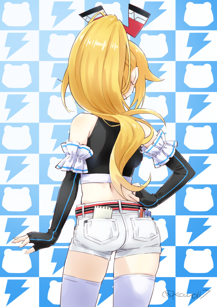 1girl, absurdres, arm_behind_back, ass, bare_shoulders, belt, black_gloves, black_shirt, blonde_hair, checkered_background, commentary_request, commission, cowboy_shot, crop_top, dengekiko, elbow_gloves, fingerless_gloves, from_behind, gloves, hair_ornament, hand_on_own_hip, highres, hip_focus, kow_(kow0117), legs_apart, long_hair, midriff, neptune_(series), notebook, pixiv_commission, ponytail, red_belt, shirt, short_shorts, shorts, sleeveless, sleeveless_shirt, sofmap_background, solo, standing, step_and_repeat, striped_belt, thigh-highs, thighs, very_long_hair, white_shorts