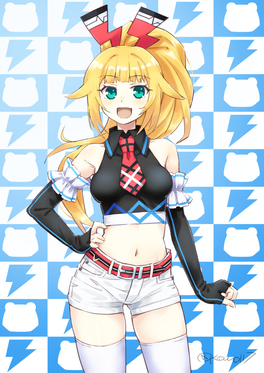 1girl, :d, absurdres, arm_behind_back, bare_shoulders, belt, black_gloves, black_shirt