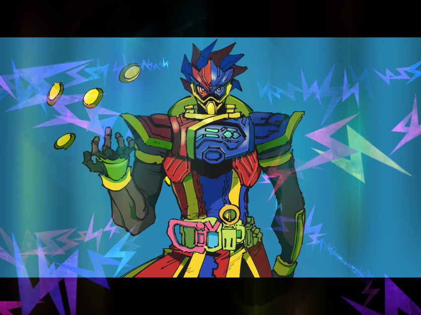 1boy, armor, belt, blue_eyes, breastplate, clenched_hands, commentary_request, cowboy_shot