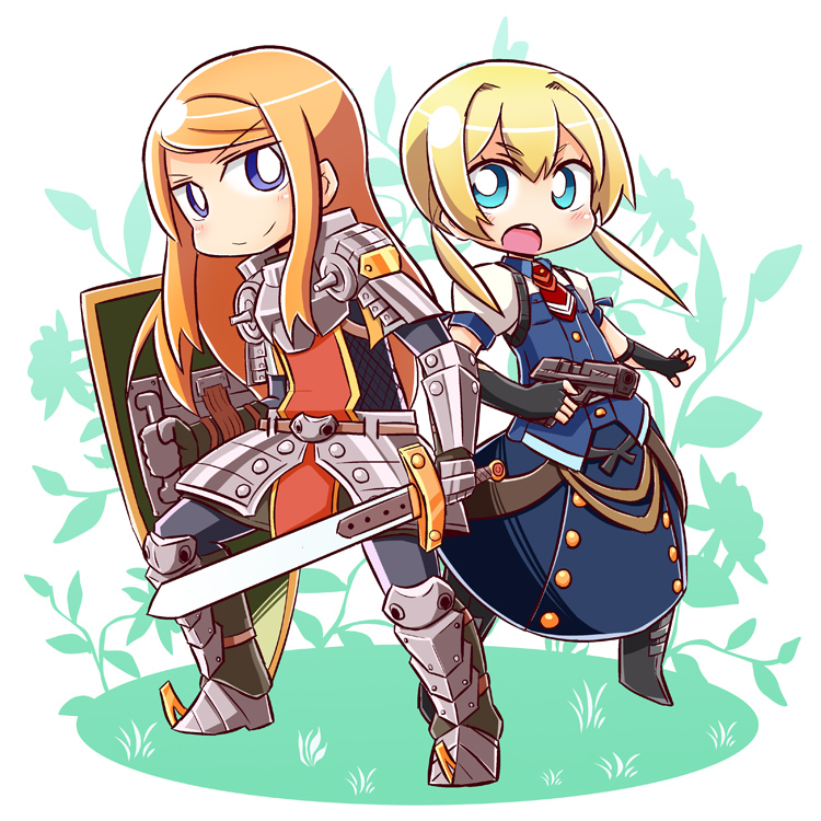 2girls, :o, armor, armored_boots, black_footwear, black_gloves, blonde_hair, blue_eyes