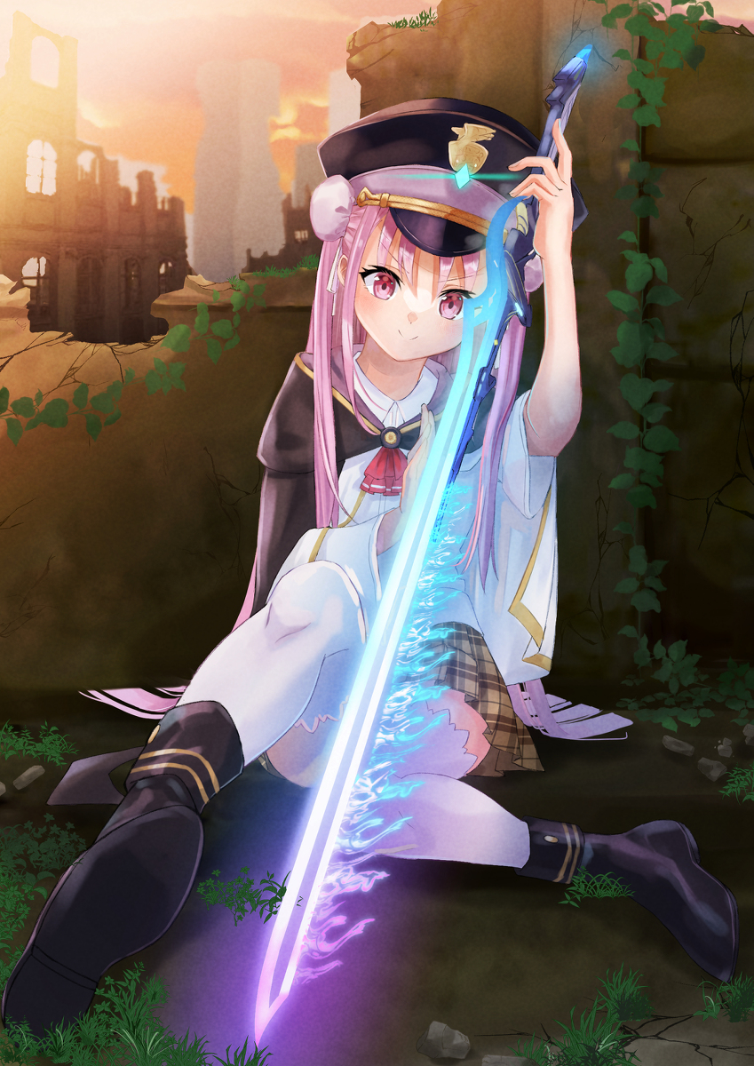 1girl, double_bun, hair_bun, hat, heaven_burns_red, highres, holding, holding_weapon